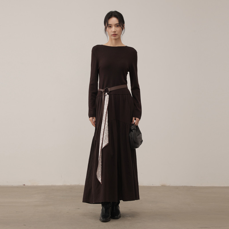 黑标BAIZHUO商场同款25冬新款简约修身圆领带腰带连衣裙AZ