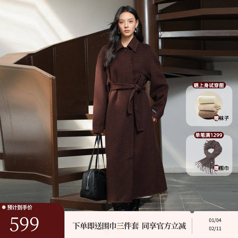 AIRIQI冬季新款休闲复古翻领双面呢暗门襟羊毛毛呢外套AH44