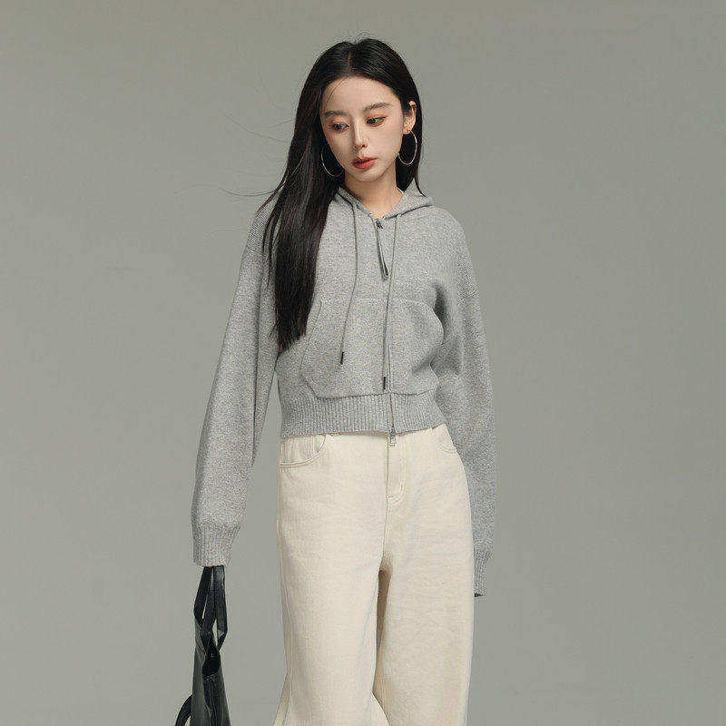 AIRIQI秋季新款休闲百搭拉链抽绳连帽长袖羊毛针织开衫AX43