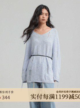 AIRIQI商场同款25秋新款休闲宽松镂空破洞感V领针织衫女AX53MS403