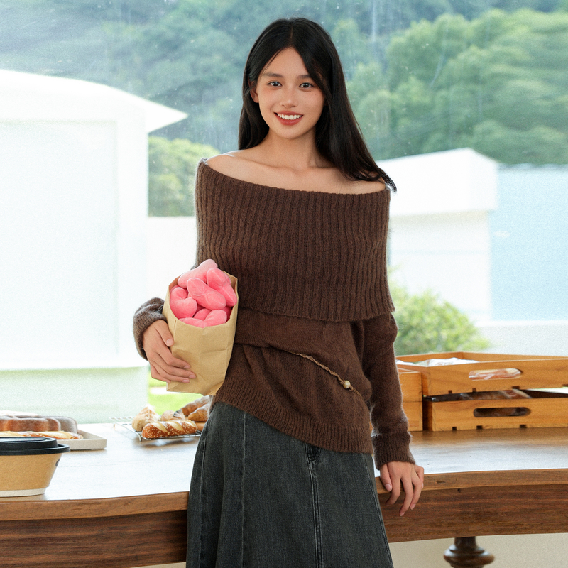 AIRIQI25秋新款一字肩羊毛针织衫