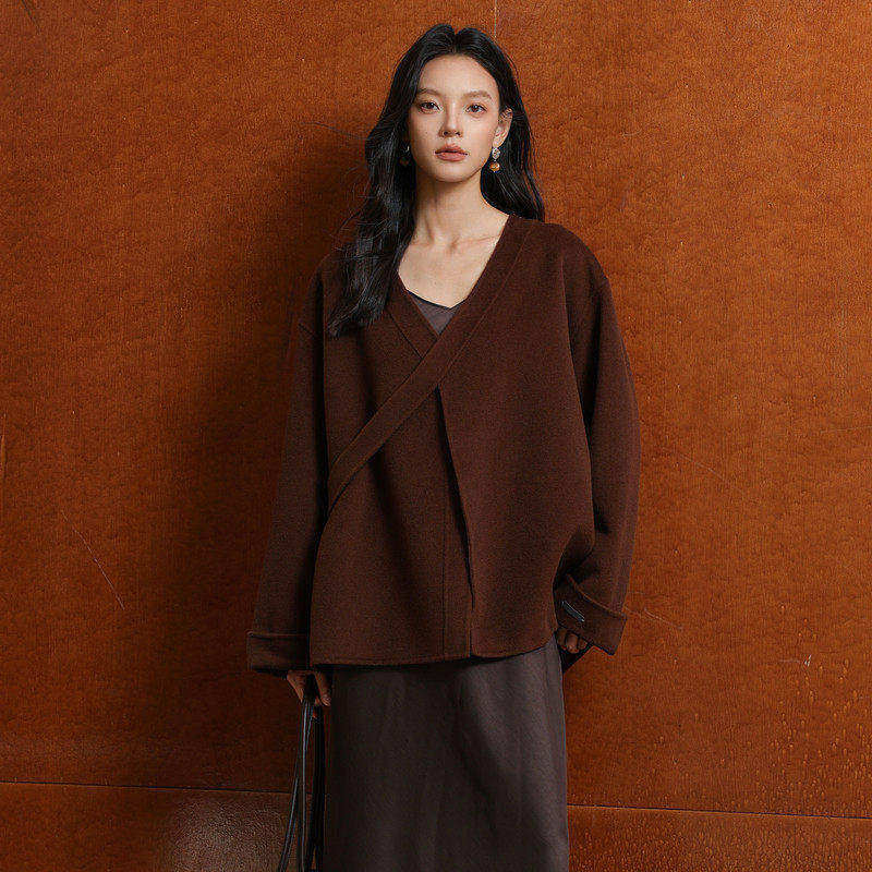 黑标BAIZHUO冬季新款新中式门襟宽松慵懒双面呢毛呢外套AZ4