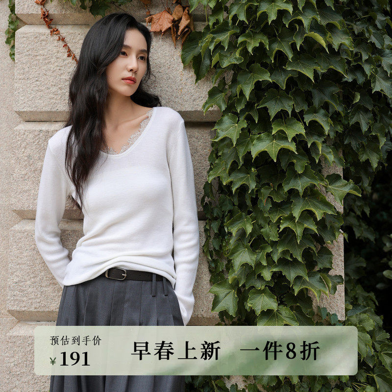 黑标BAIZHUO春季新款法式蕾丝拼接V领修身全羊毛针织衫AZ53MS097