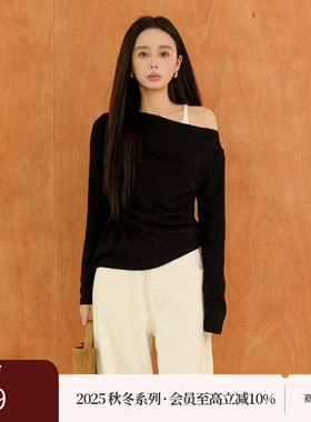 AIRIQI商场同款25冬新款斜肩领修身短款长袖针织打底衫AH54DS173