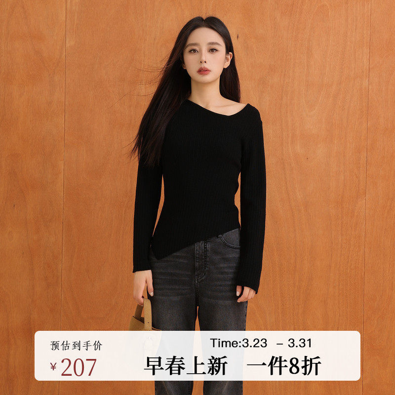 黑标BAIZHUO春季新款斜肩不规则设计修身长袖羊毛针织衫AZ5