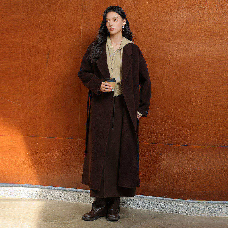 黑标BAIZHUO冬季新款休闲宽松微廓带腰带双面呢毛呢外套AZ4