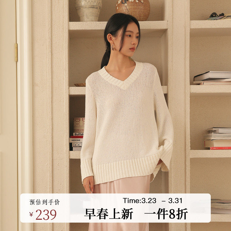 AIRIQI春季新款宽松V领套头垂感慵懒风全棉长袖针织衫女AH5