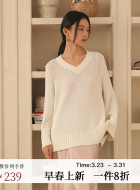 AIRIQI春季新款宽松V领套头垂感慵懒风全棉长袖针织衫女AH51MS348