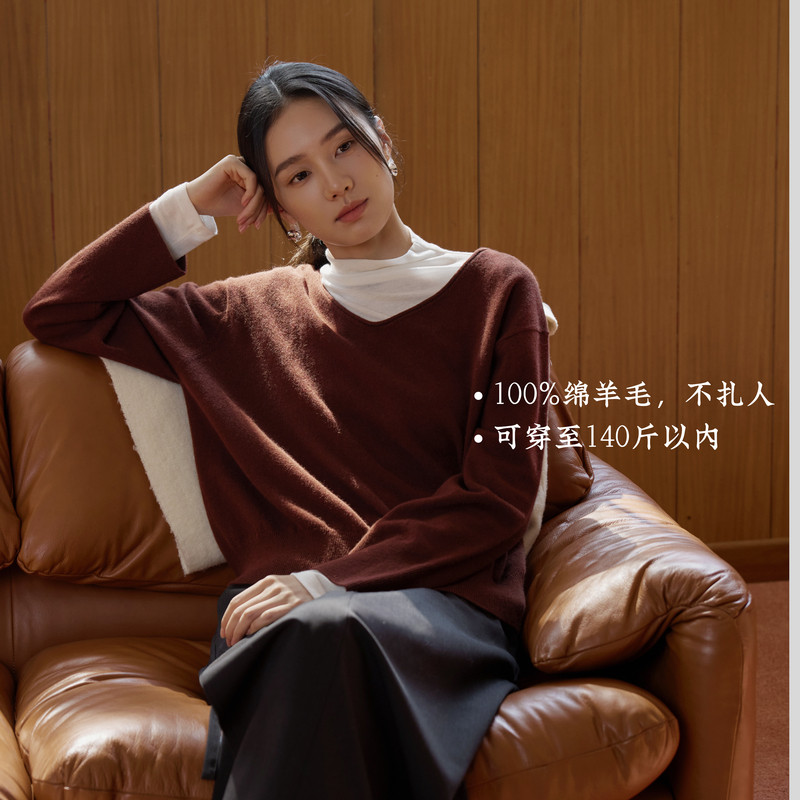 AIRIQI春季新款V领全羊毛针织衫