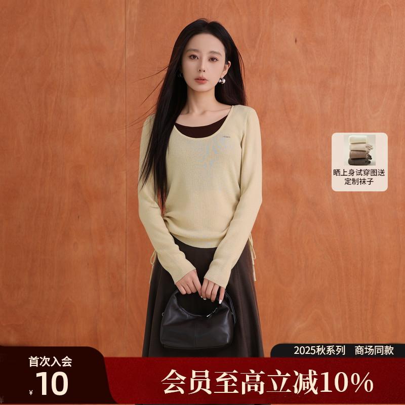 AIRIQI25秋新款撞色假两件针织衫