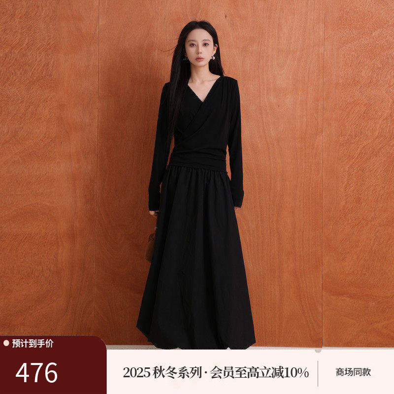 AIRIQI商场同款25秋新款修身显瘦简约堆褶长袖连衣裙女AY5