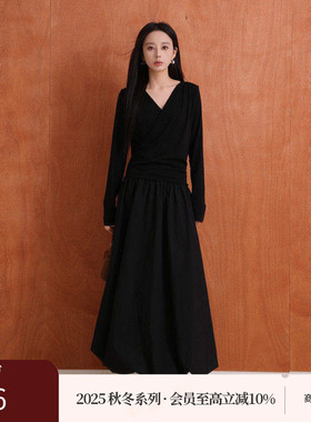 AIRIQI商场同款25秋新款修身显瘦简约堆褶长袖连衣裙女AY53LQ197