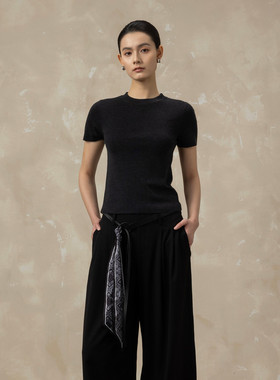 黑标BAIZHUO商场同款26春新款修身圆领短袖T恤针织衫女AZ61MS211