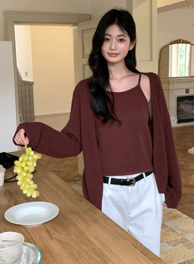 AIRIQI春季新款休闲松弛感系带罩衫+吊带背心针织套装女AH51TZ172