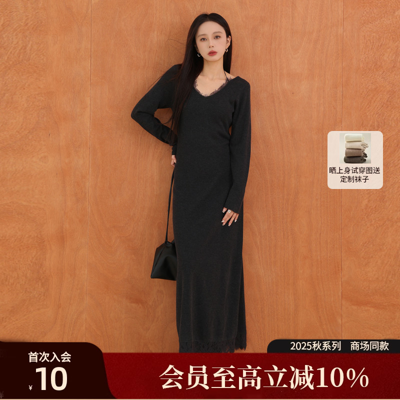 AIRIQI25秋新款蕾丝针织连衣裙