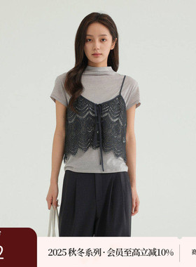 AIRIQI商场同款25秋新款蕾丝吊带+立领短袖T恤针织套装AH53TZ363