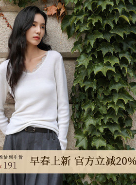 黑标BAIZHUO春季新款法式蕾丝拼接V领修身全羊毛针织衫AZ53MS097