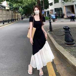 收腰显瘦拼接长裙微胖MM赫本风撞色 大码 法式 短袖 连衣裙女夏季