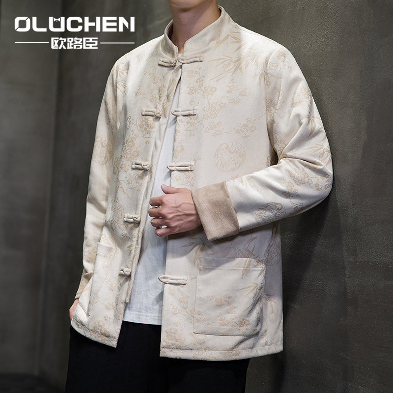 OULUCHEN秋冬麂皮绒唐装中国风长袖夹克新中式复古盘扣汉服外套
