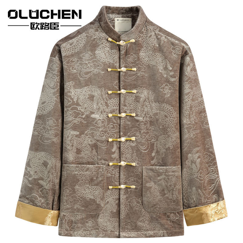 OULUCHEN中国风唐装男长袖衬衫盘扣寿宴外套新中式上衣汉服中山装