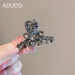 呛黑发夹女水钻花朵鲨鱼夹抓夹小号金属后脑勺半扎发抓夹子头饰