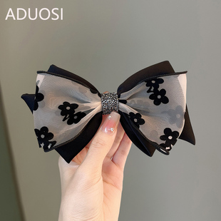 阿朵丝超仙网纱花朵蝴蝶结发夹镶钻拼色后脑勺马尾弹簧夹时尚 顶夹
