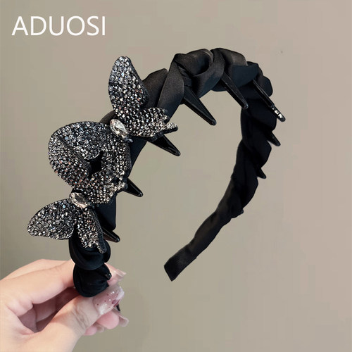 高级感褶皱水钻蝴蝶发箍2025新款带齿防滑头箍高颅顶发卡发饰头饰