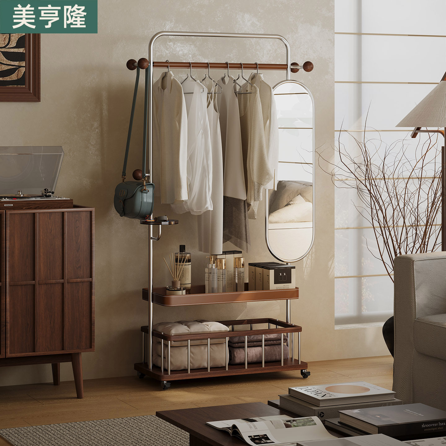 中古风衣帽架多功能一体带镜子可移动全身镜挂衣架收纳筐卧室家用