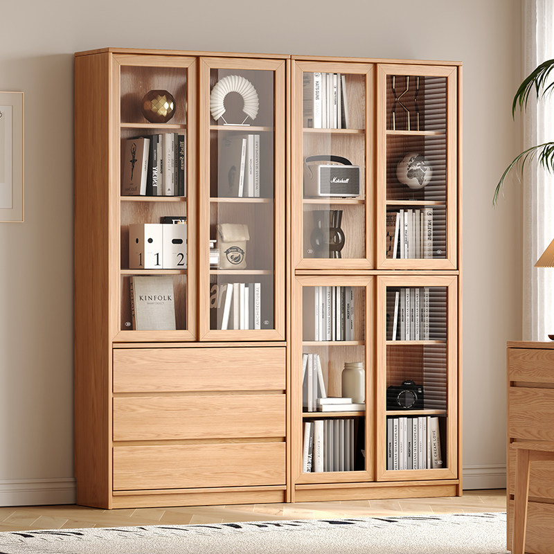 全实木橡木书柜拉门带玻璃置物架落地简约现代家用卧室书房书架,住宅家具,单个书柜,淘宝优惠券,粉丝福利购,淘宝优惠卷