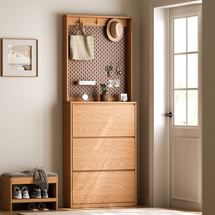 全实木橡木鞋柜超薄翻斗鞋柜家用室内墙边柜入户门一体靠墙收纳柜