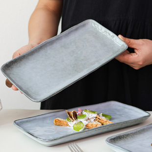 二郎家【做旧复古寿司盘】长方形托盘点心盘商用糕点盘釉下彩盘子