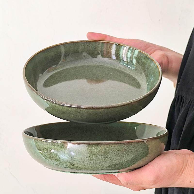 复古绿色系不规则陶瓷碗盘套装