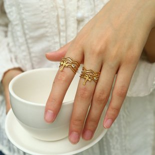 ins风光面十字架吊坠手饰18K金圆点镶钻多线条宽边不锈钢开口指环