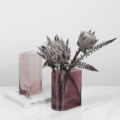 粉色玻璃花瓶摆件客厅插花轻奢透明水养ins风感花器