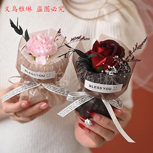 迷你玫瑰花口袋花仿真花香皂花毕业伴手礼情人节手工花束批发跨境