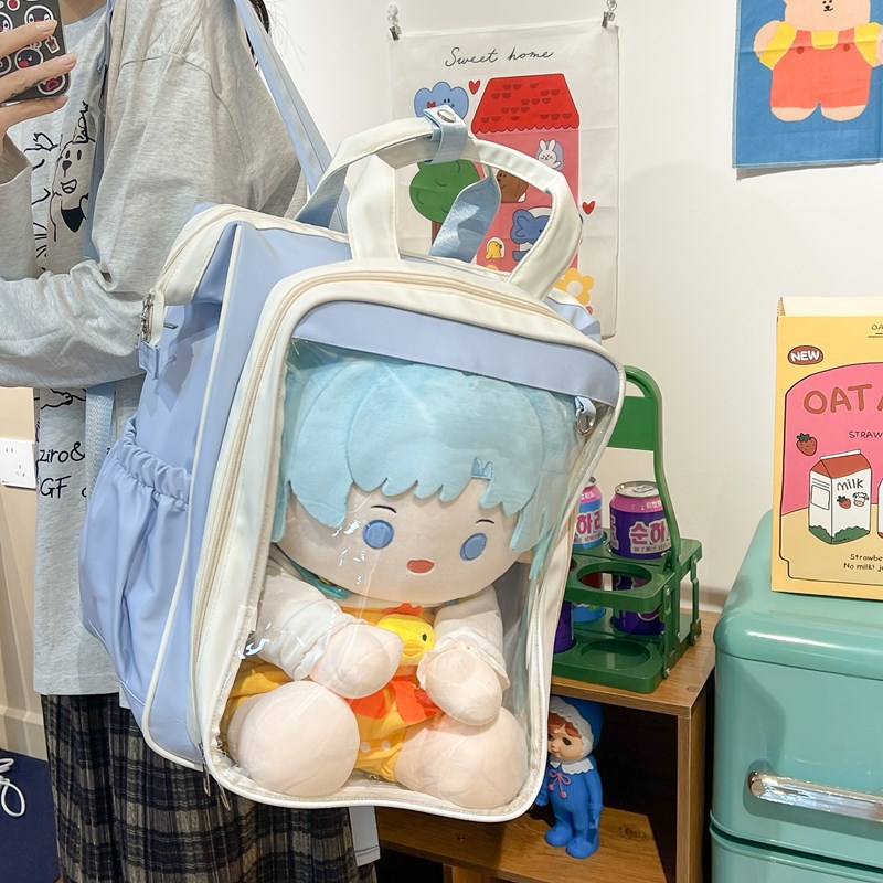 日系二次元夹口痛包少女手提书包40cm娃包大容量女学生透明双肩包