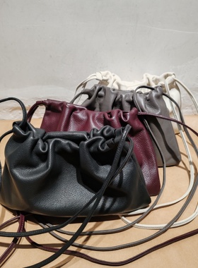 外贸出口鹿皮真皮抽绳云朵包单肩斜挎女包