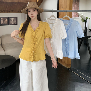 女高级感减龄v领木耳边小衫 乐乐推荐 胖mm大码 2025夏装 上衣 新款