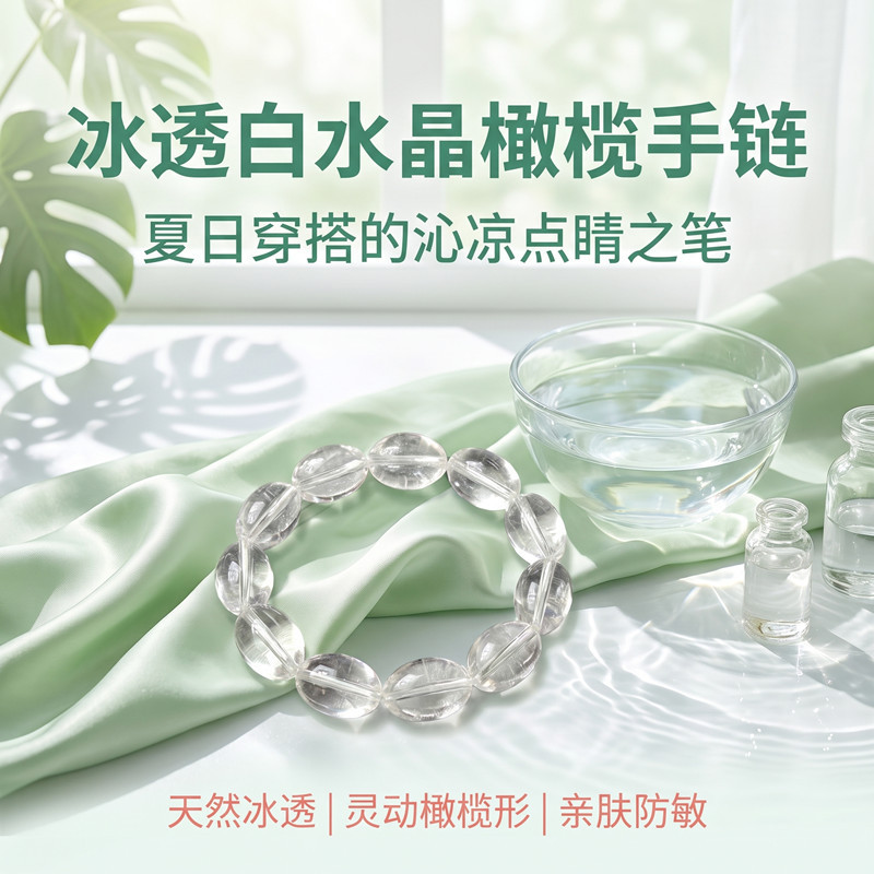 东海原矿冰透白水晶橄榄手链