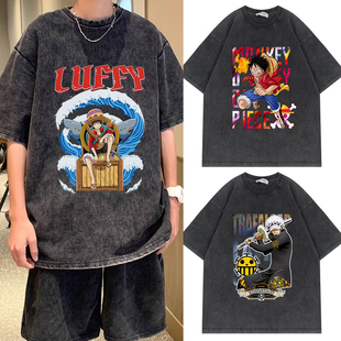 ONEPIECE海贼王t恤路飞美式复古动漫做旧水洗直喷工艺纯棉短袖服