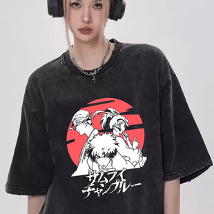 日本动漫混沌武士Samurai champloo复古水洗做旧短袖纯棉T恤衣服