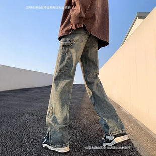 美式复古牛仔裤男宽松直筒开叉微喇裤子高街潮牌痞帅长裤oversize