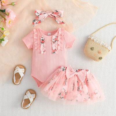 Baby girl set romper short skirt headscarf three piece