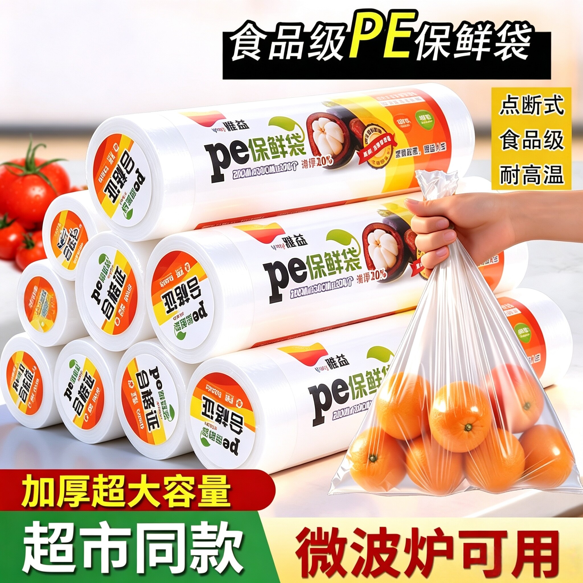 加厚保鲜袋食品级家用一次性塑料袋子厨房冰箱PE食物包装袋断点式