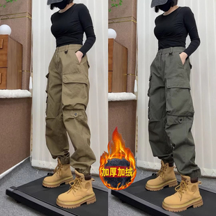 秋冬加绒美式宽松工装裤男女潮流多口袋束脚哈伦裤重磅复古休闲裤