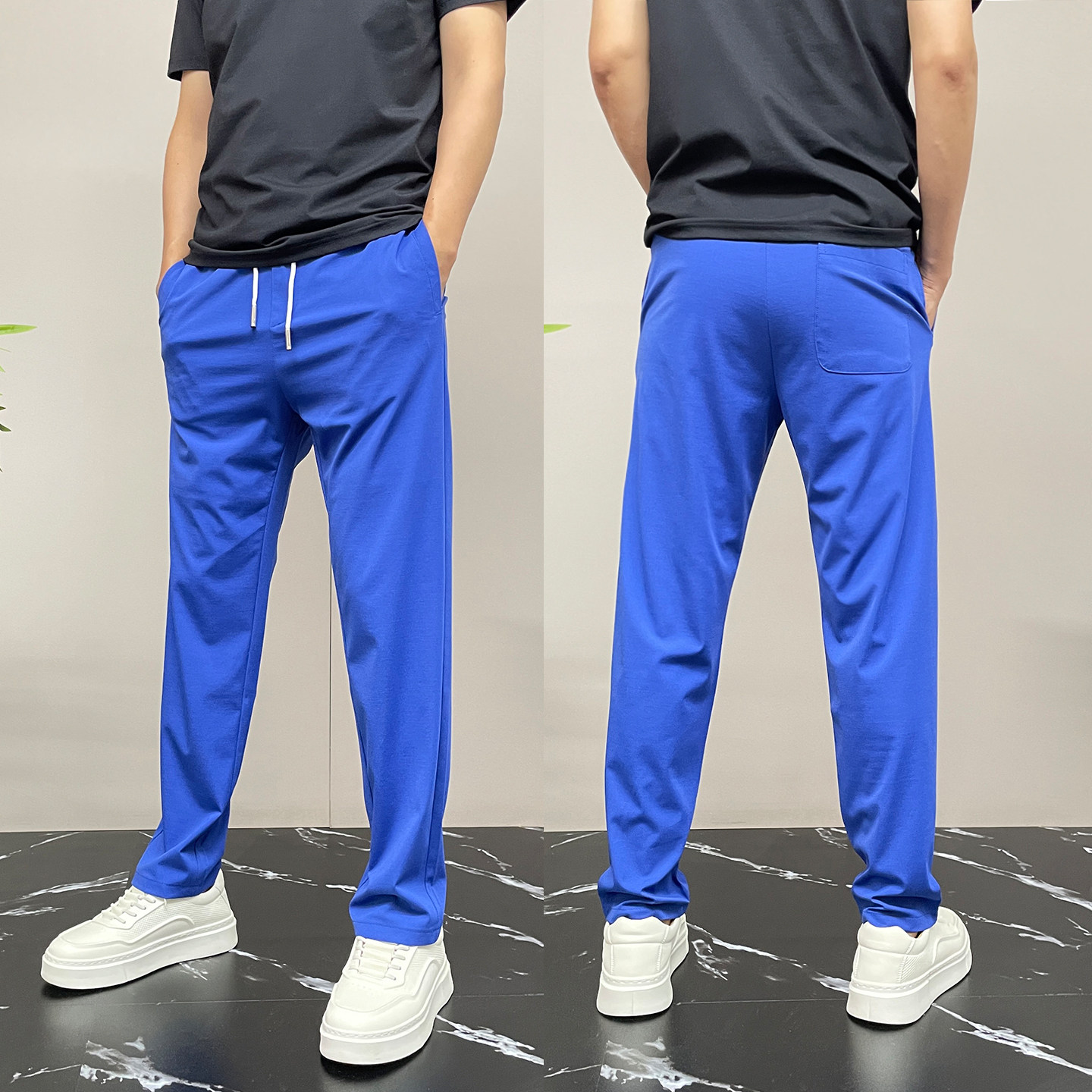 夏季薄款蓝色速干裤子男士修身直脚长裤时尚百搭休闲冰丝运动男裤