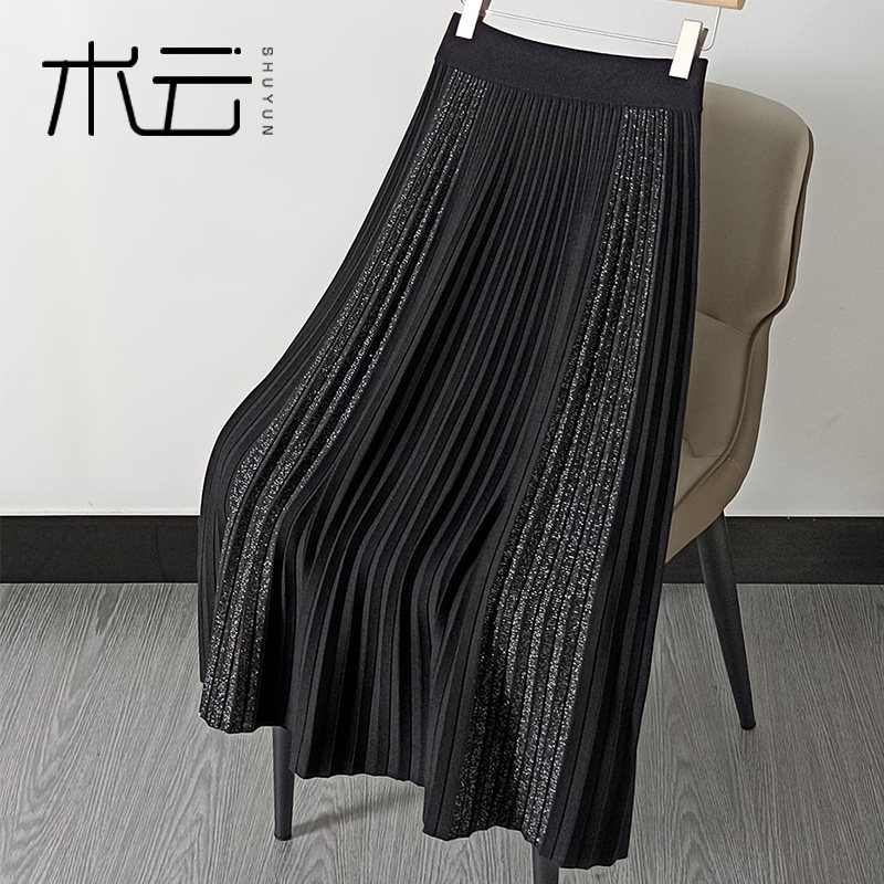 F2262亮丝针织半身裙a字裙中长款
