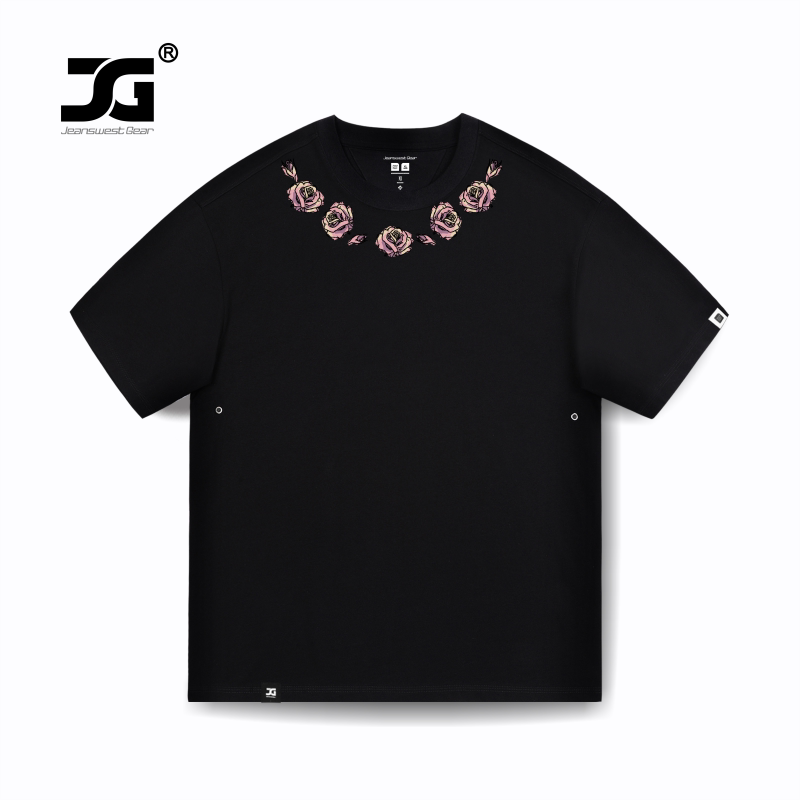 JG男装大码品牌复古涂鸦粉色玫瑰花落肩短袖t恤男女同款街头潮牌