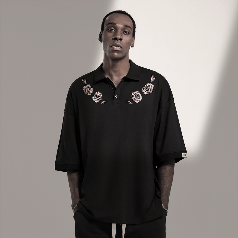 JG男装大码品牌复古涂鸦粉色玫瑰花翻领短袖polo衫男女街头潮牌