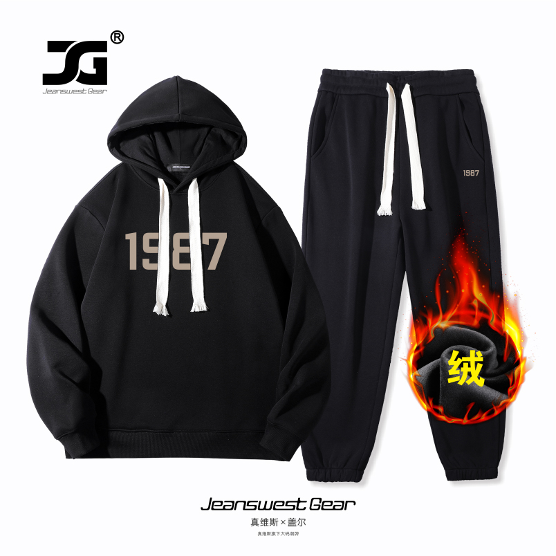 潮牌1987印花加绒帽衫长裤套装